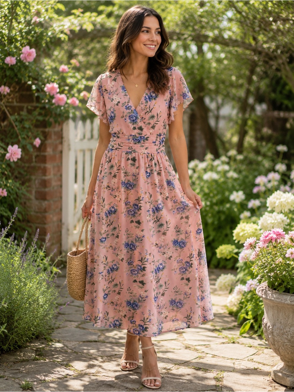 NWT JJ's House Chiffon pink Floral V-Neck Maxi Dress Size M